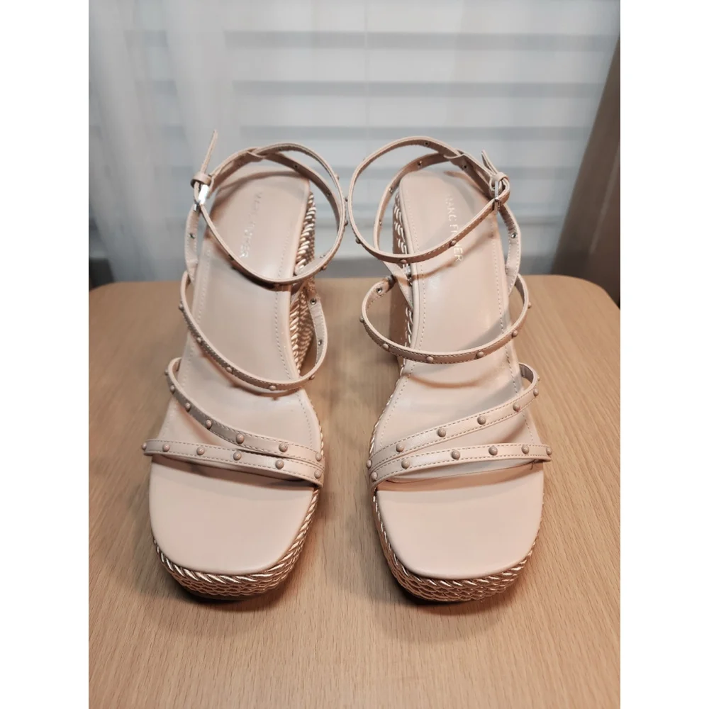 Marc Fisher Studded Espadrille Wrapped Rope Platform Sandals 10 M Blush Beige - Picture 6 of 12